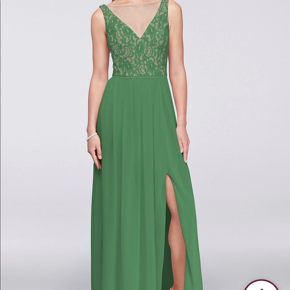 David’s Bridal Illusion V-Neck Lace and Mesh Dress in Iris